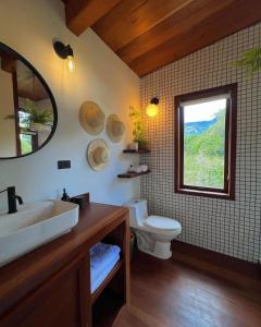 uma casa de banho com um lavatório, um WC e uma janela. em Finca Panda em Boquete