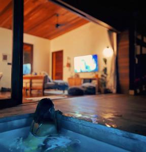 a person in a bath tub in a living room at Finca Panda in Boquete