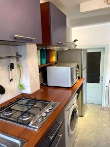 una cucina con piano cottura e forno a microonde su un bancone di Casa Tisia a Ceriale