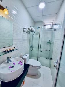 a bathroom with a toilet and a sink and a shower at Delicate Serviced Apartment And Hotel in Da Nang