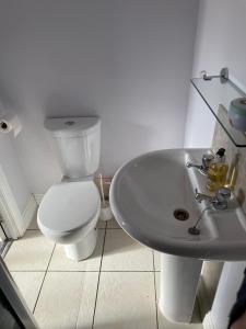 a white bathroom with a toilet and a sink at 27 The Limes Room 2 in Stockton on the forest