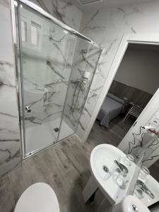La salle de bains est pourvue d'une douche, de toilettes et d'un lavabo. dans l'établissement Hospederia del Pilar, à Valence