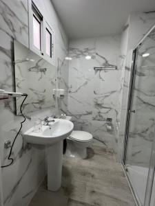 La salle de bains est pourvue d'un lavabo, de toilettes et d'une douche. dans l'établissement Hospederia del Pilar, à Valence