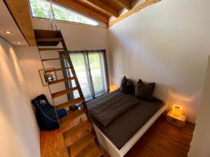 ein Schlafzimmer mit einem Etagenbett und einer Leiter in der Unterkunft BALTHASAR RESS Guesthouse am Rebhang im Rheingau in Oestrich-Winkel