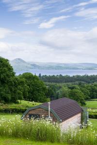 a barn on a hill with a view of a lake at Bonnie Barns - Luxury Lodges with hot tubs in Luss