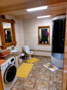 ein Badezimmer mit einer Waschmaschine und einem WC in der Unterkunft "Глиняна хатинка" in Beloberëzka