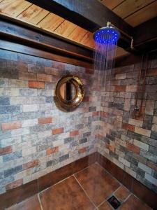 a shower in a room with a wall of bricks at Ranch House in Newton Stewart