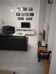 ein Wohnzimmer mit einem Sofa und einem TV in der Unterkunft Dovolenkový dom priamo na brehu in Dunajská Streda