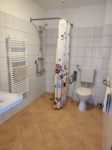 e bagno con servizi igienici e tenda per la doccia. di Holló és Bárány Vendégház a Herend