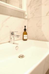 - un lavabo dans la salle de bains avec une bouteille de savon dans l'établissement Honeybee Properties Ferienwohnungen Koblenz, à Coblence