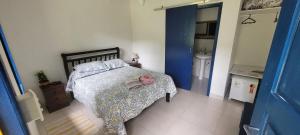 ein Schlafzimmer mit einem Bett mit einer Decke und Kissen in der Unterkunft Pouso Donana Cama e Café in Itaipava