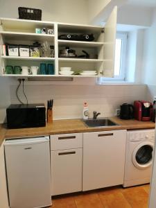 une cuisine avec un évier et une machine à laver dans l'établissement City Lights Apartment with Terrace - 24 Hours Check in, à Bratislava