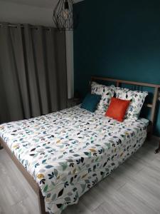 Bett mit bunten Kissen auf einem Zimmer in der Unterkunft Maison de ville ( à la campagne) in Bayeux