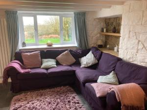 a purple couch in a living room with a window at Higher Trenear Farm B&B in Helston