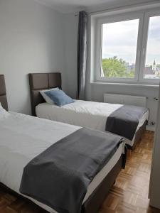 Dos camas en una habitación con ventana. en Duplex 250 m from Market Square, en Wroclaw