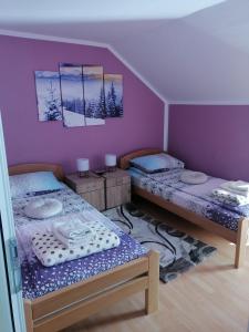 2 Einzelbetten in einem Zimmer mit lila Wänden in der Unterkunft Apartman NECA Zlatar in Nova Varoš