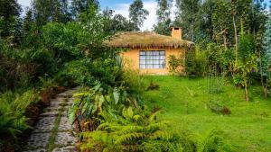 a small house with a grass roof in a garden at Sambora Kinigi in Kinigi