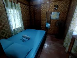 Cette petite chambre comprend un lit bleu et un miroir. dans l'établissement Aventura Bed and Breakfast, à San Juan