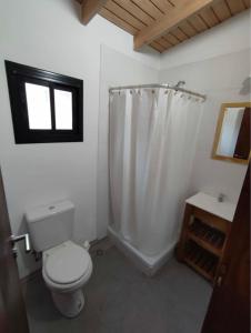 uma casa de banho com um WC e uma cortina de chuveiro em Cabaña en Chascomús cercana a la estación em Chascomús