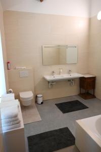 uma casa de banho com um lavatório, um WC e um espelho. em Landlord em Holsbeek
