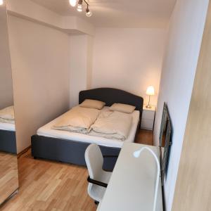 a small bedroom with a bed and a desk at Lovely Apartment for 4 on the Danube River - Private Parking in Vienna