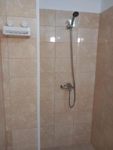 a shower with a shower head in a bathroom at Стаи за гости ''Живел'' in Oreshak