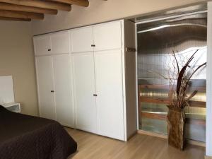 Un dormitorio con armarios blancos y un jarrón con una planta en Apartamentos María en San Rafael