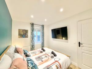 カンペールにあるLE SALLÉ - Confort - Wifi - Centre Historique - Entrée Autonomeのベッドと薄型テレビのある寝室