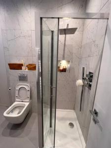 倫敦的住宿－One bedroom flat in Chelsea，白色的浴室设有卫生间和淋浴。