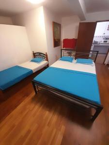 1 dormitorio con 2 camas con sábanas azules y blancas en La Belle du Sud en Rodrigues Island