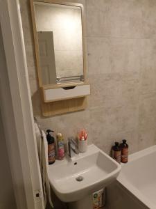 y baño con lavabo y espejo. en Grange Villas Diamond nr Chester le Street 3 Bed en Chester-le-Street