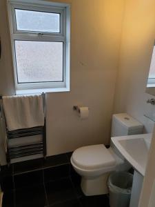 ein Bad mit einem WC, einem Waschbecken und einem Fenster in der Unterkunft South Shield's Hidden Gem Garnet 3 Bedroom Apartme in South Shields