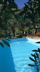a blue swimming pool with a chair and trees at Appartamenti Helios in Limone sul Garda