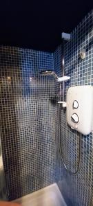 La salle de bains est pourvue de carrelage bleu, d'une douche et d'un lavabo. dans l'établissement Cluain Uilinn, à Miltown Malbay