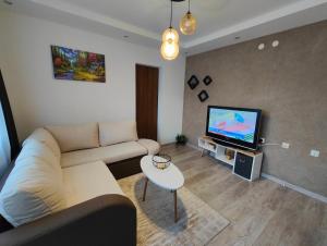 a living room with a couch and a tv at Апартамент РАЯ in Chepelare
