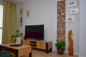 a living room with a television and a coffee table at Apartament Gustav in Zawiercie