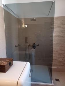 ducha con puerta de cristal junto a un aseo en Spectacular Seaview Apartment, en Alinda