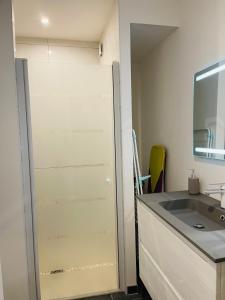 a bathroom with a sink and a glass shower door at Superbe villa apaisante, vue sur la loue in Mouthier-Haute-Pierre