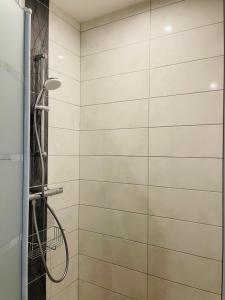 eine Dusche im Bad mit einer weißen Wand in der Unterkunft Superbe villa apaisante, vue sur la loue in Mouthier-Haute-Pierre