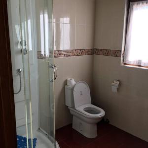 a bathroom with a toilet and a glass shower at LA LLANADA in Cangas de Onís