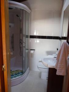 een badkamer met een douche, een toilet en een wastafel bij Vivienda Vacacional La Cantera in Cangas de Onís