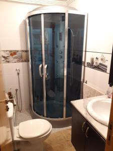 a bathroom with a shower and a toilet and a sink at Appartement Adrar in Agadir