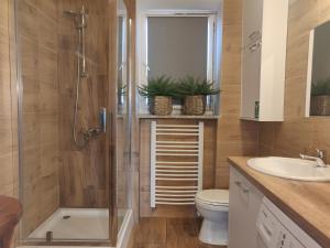 a bathroom with a shower and a toilet and a sink at Szarotka in Szczecin