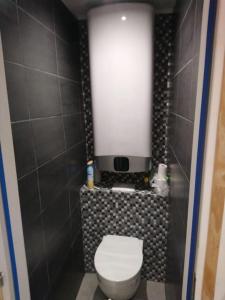 a bathroom with a white toilet in a black wall at Studio Rez de jardin dans résidence privée près de la plage in Calvi