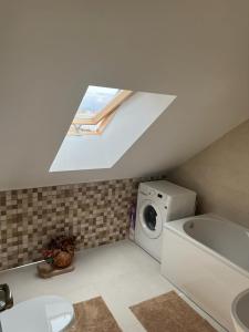 a bathroom with a washing machine and a sink at KRON HOUSE in Braşov