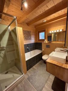 Chalet des Cîmes, chaleureux avec jacuzzi et sauna في جوراردُميه: حمام مع دش وحوض استحمام ومغسلة