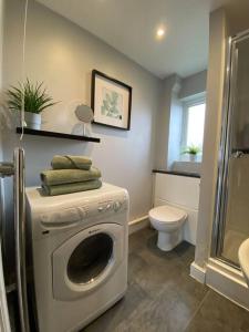 a bathroom with a washing machine and a toilet at Compact Modern Apartment Single Person or Couple Only in Bangor