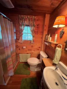 ein Badezimmer in einem Blockhaus mit einem WC und einem Waschbecken in der Unterkunft INGALL'S NOOK LIMIT 8 cabin in Bridgton