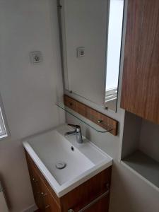 a bathroom with a white sink and a mirror at Chalet DIE SONNE in Oostkapelle