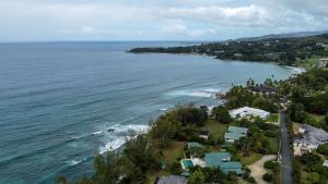 an aerial view of a beach with houses and the ocean at Tranquil guest House in Buccoo